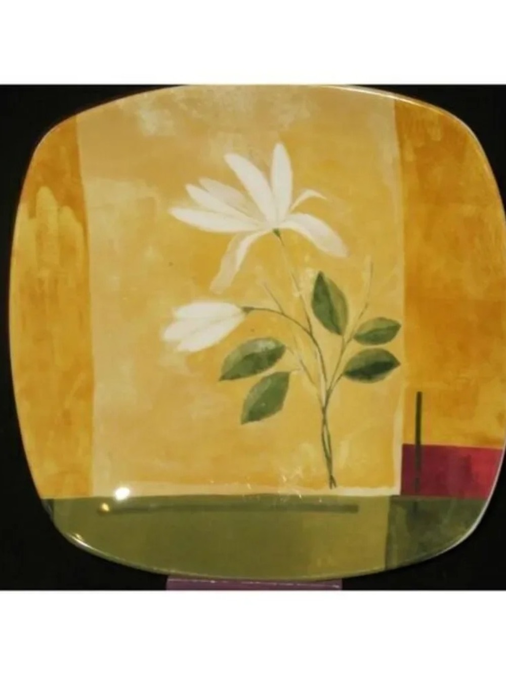 222 Fifth Yellow Floral Dinner Plate with White Blossoms and Green Leaves